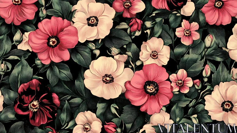 Vintage Floral Tapestry: Dancing Petals in Coral Pink.