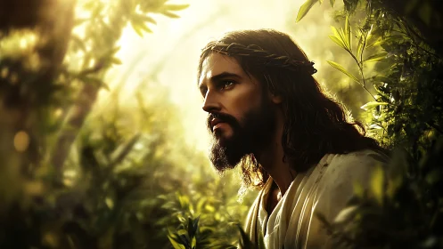 Contemplative robed man in glowing forest light prays softly