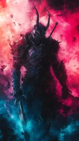 Armored dark knight in colored smoke with drawn sword.