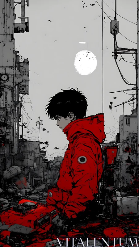 Red-hooded wanderer pauses as ruined city quietly exhales