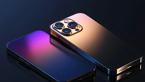 Modern smartphone duo with reflective surfaces in stylish lighting.