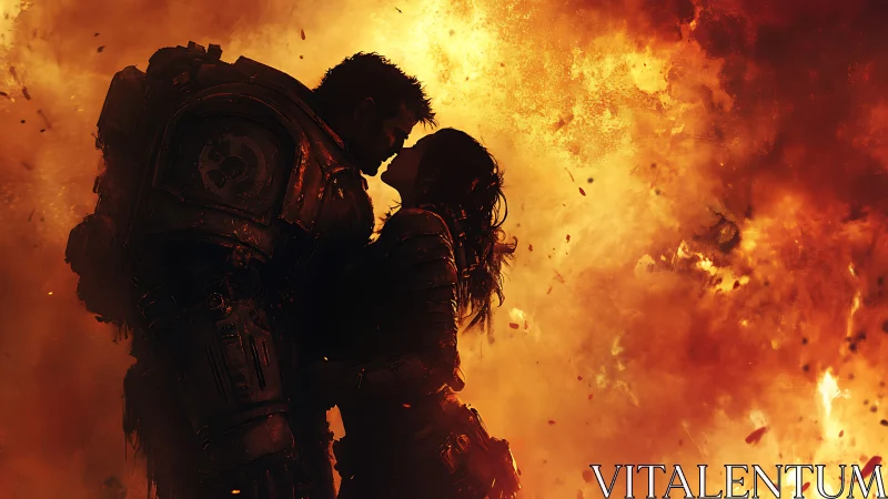 Silhouetted Figures Against Catastrophic Firestorm.