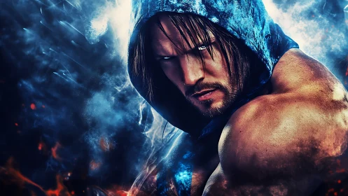 Brooding hooded warrior amid electric blue firestorm.