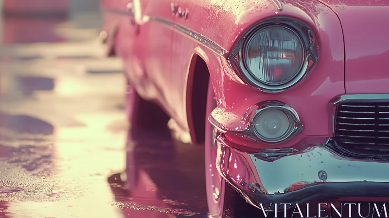 Wet pink classic car front with chrome details at dusk.