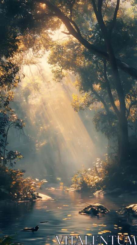 Sunbeams pour like liquid gold into a tranquil forest stream