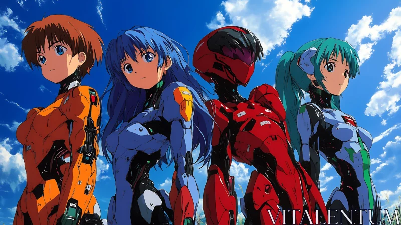 Four armored pilots under vivid sky in heroic stance.