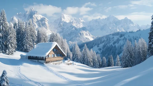 Snow-covered alpine cabin in conifer forested mountains.