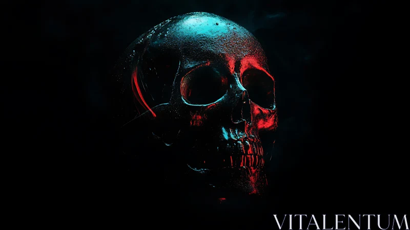 Neon-lit wet skull in deep shadowed cyberpunk darkness.