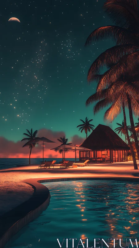 Tropical infinity pool at neon-lit moonlit beachfront resort.