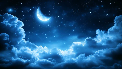 Crescent moon hangs above dense illuminated night clouds