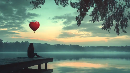 Woman on Dock Watching Red Heart Balloon at Sunset