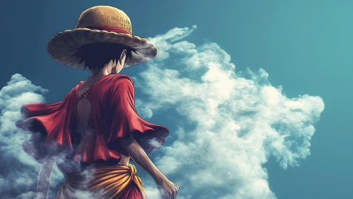 Backlit anime adventurer gazes into stylized volumetric clouds