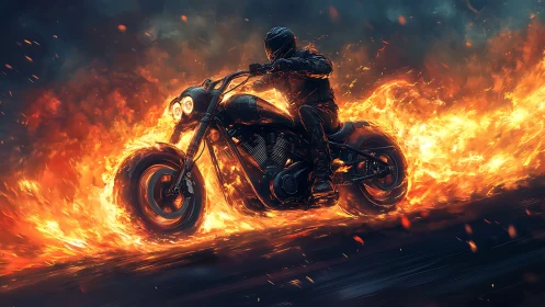 Flaming night motorcycle sprint through molten firestorm.