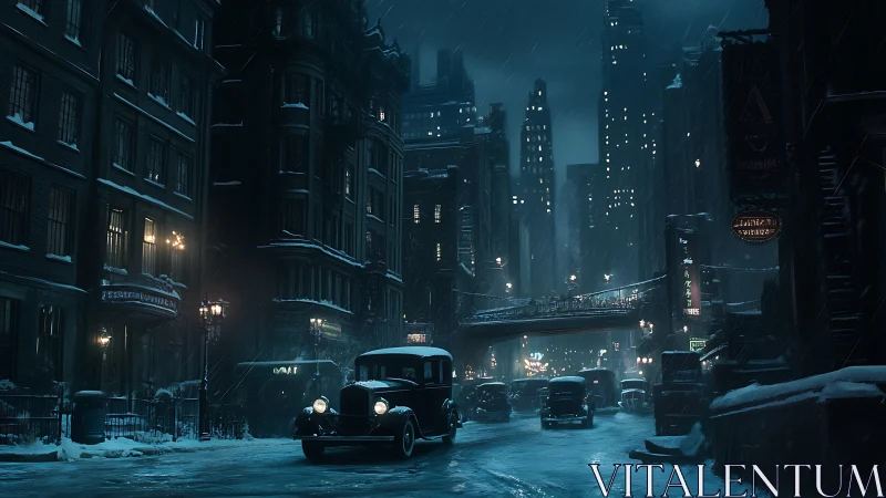 Snowy 1930s city street shows vintage cars under lamplight