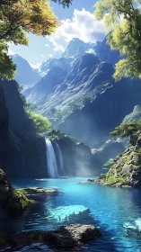 Tranquil turquoise waterfall cove beneath shining peaks.