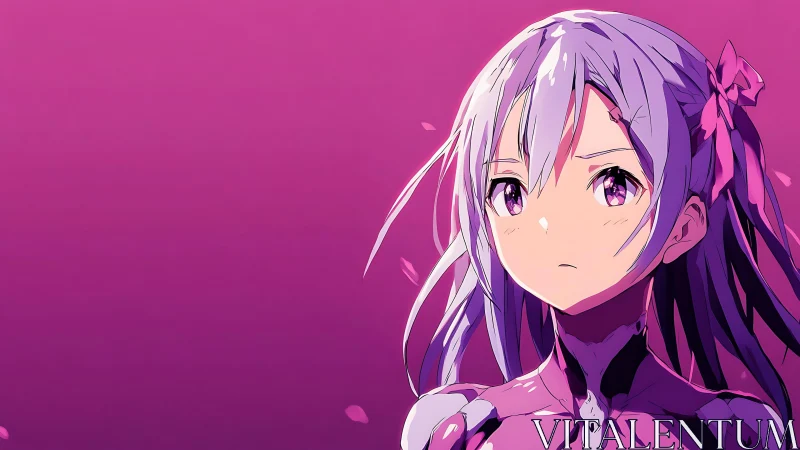 Purple anime portrait of silver haired girl on solid background.