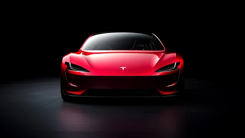 Red electric supercar front view in dramatic low key lighting.