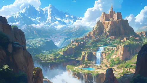 Epic fantasy citadel on cliffs with layered alpine backdrop.