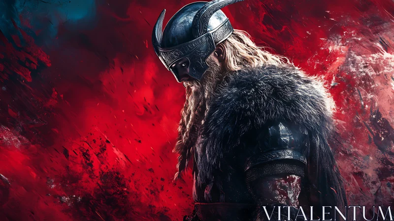 Viking warrior in fur armor against red abstract backdrop.
