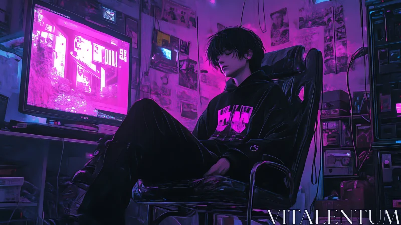 Neon gamer sanctuary in soft violet and electric blue glow.