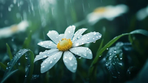 White daisy macro under rainfall with cinematic bokeh glow.