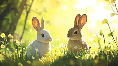 Sunlit meadow bunnies share a quiet springtime secret.