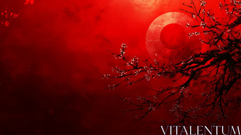 Crimson sakura silhouette before textured lunar disc portal