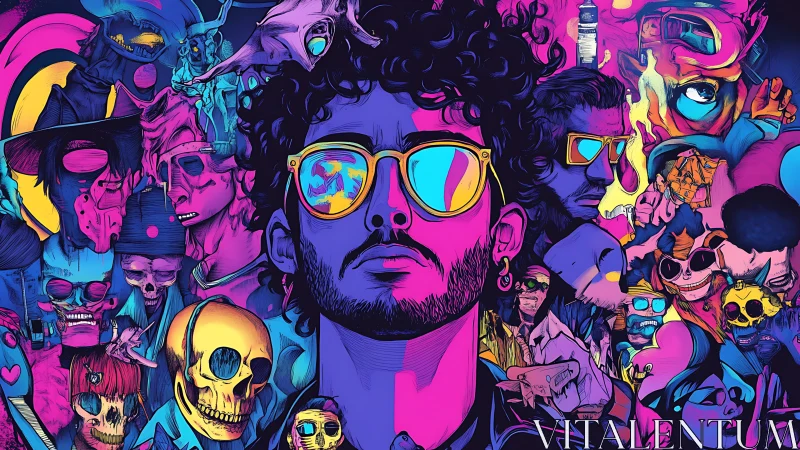 Central male portrait is surrounded by neon skulls and figures
