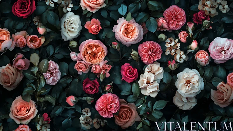 Digital painting of dense rose wall with dramatic chiaroscuro.