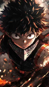 Intense anime hero ascending through swirling embers.