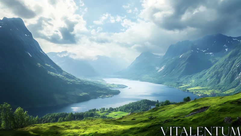 Sunlit fjord valley with dramatic green mountain slopes.