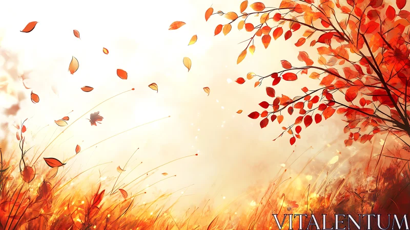 Autumn foliage and grasses in warm backlit landscape scene.