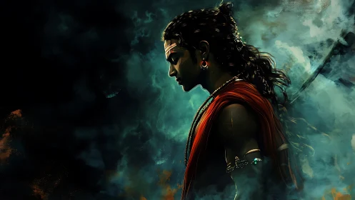 Warrior silhouette stands in ethereal teal smoke and ember glow