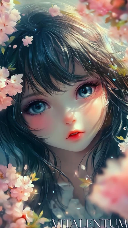 Digital portrait of blue-eyed girl framed by blossoms.