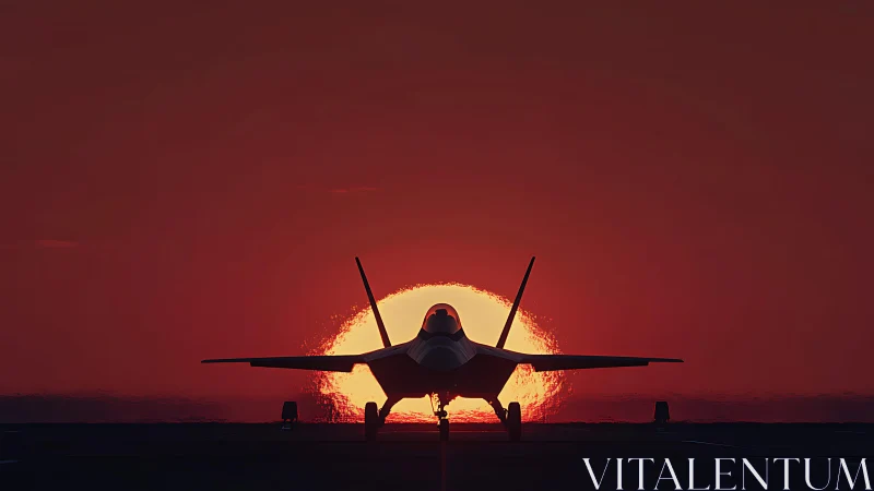 Stealth jet frontal silhouette aligned with low red sunset disk