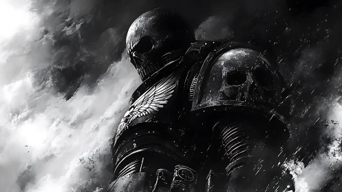 Armored skull-helmed warrior in stormy monochrome scene.