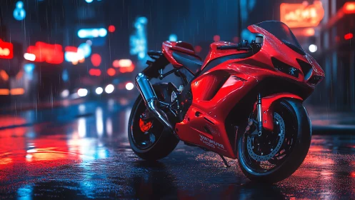 Midnight red superbike waits under neon city rain