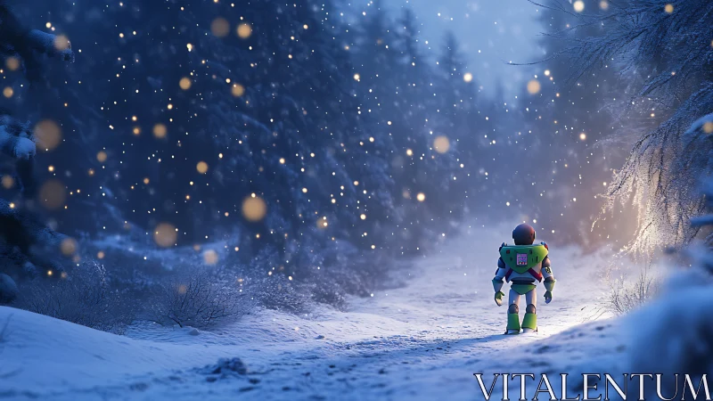 Toy spaceman walks through glowing snow forest twilight.