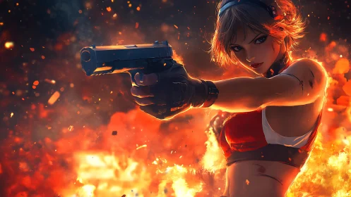 Gunfire goddess steadies her aim inside a storm of embers