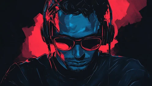 Headphoned man in neon blue and red digital portrait