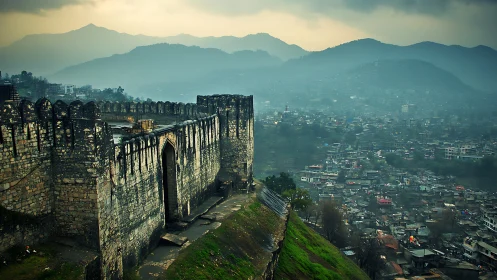 Stone fortress wall overlooks dense city and misty hills