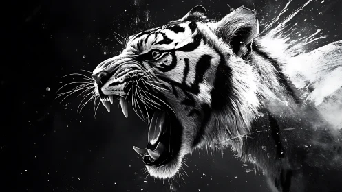 Roaring white tiger erupts from darkness in monochrome fury.