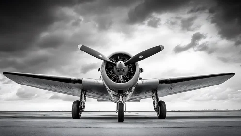 Stormbound warbird waits under brooding monochrome skies.