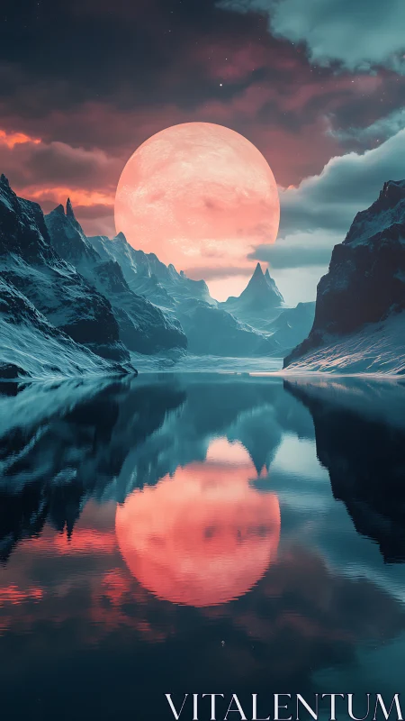 Glacial fjord under oversized red moon with mirrorlike reflection