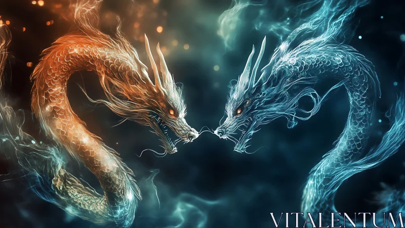 Twin elemental dragons trade sparks in a cosmic standoff tonight