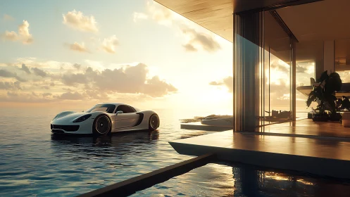 Luxury supercar glides beside a serene oceanfront villa at dusk