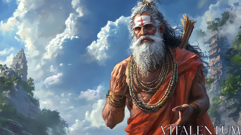 Ascetic sage in orange robes under towering cumulonimbus cloudscape