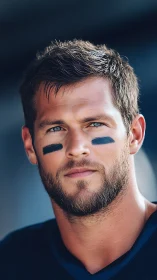 Close portrait of male athlete in dark sports uniform.