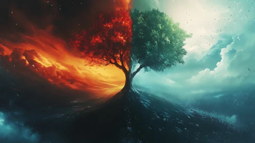 Bipartite tree silhouette dividing warm and cool sky fields.
