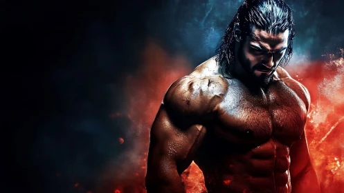 Powerful warrior stands in glowing fire and stormy light.